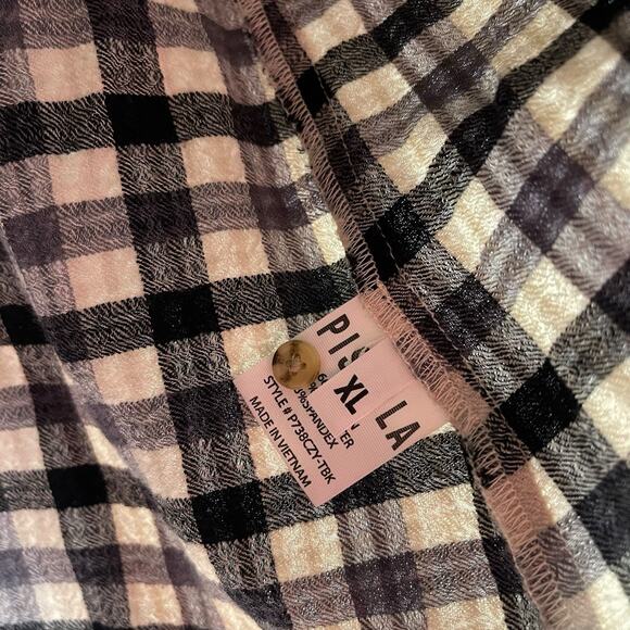 Pistola Flannel Shirt XL Plaid Check Black Ivory Tab Sleeve Button Back Pullover - Picture 6 of 11